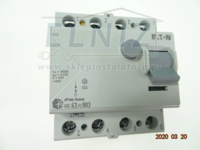 Wyłącznik różnicowoprądowy 3-faz. AC czułość 30mA prąd maks. 63A Eaton CFI6-63/4/003 235792 HNC-63/4/003 194695