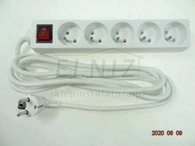 Przedłużacz elektryczny 230V z podświetlanym wyłącznikiem: 5x gniazdo typu E + przewód 3m (3x1,5mm) + wtyk unischu