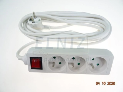 Przedłużacz elektryczny 230V z podświetlanym wyłącznikiem: 3x gniazdo typu E + przewód 5m (3x1,5mm) + wtyk unischu