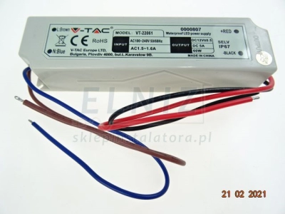 Zasilacz LED 12VDC 60W 5A hermetyczny IP67 V-Tac VT-22061 3234-139469
