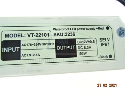 Zasilacz LED 12VDC 100W 8,3A hermetyczny IP67 V-Tac VT-22101 3236-139474