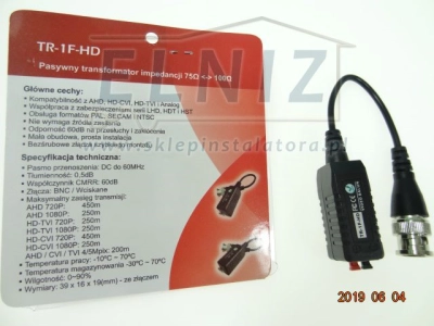 Transmiter video wtyk BNC na kablu dla systemów HD-TVI, HD-CVI, AHD, CVBS szybkozłącza komplet 2szt. TR-1F-HD-151473