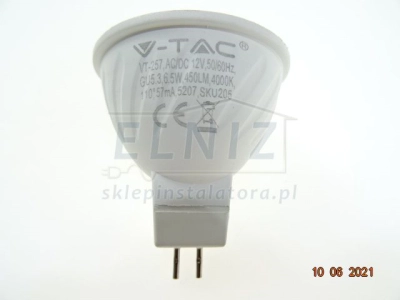 Żarówka LED 12V trzonek igiełkowy GU5,3 do oczek MR16 455lm 6W ciepła 3000K 110st. soczewkowa 5 lat V-Tac VT-257 212