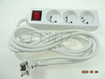 Przedłużacz elektryczny 230V z podświetlanym wyłącznikiem: 3x gniazdo typu E + przewód 3m (3x1,5mm) + wtyk unischu