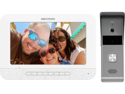 Zestaw wideofonowy jednorodzinny 4-przewodowy Hikvision DS-KIS203: stacja zewnętrzna z kamerą 0,4MP DS-KB2421-IM + monit